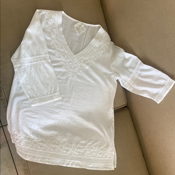 Rosso Ibiza White Relaxed Ribbed 3/4 Sleeve Tunic - Picture 1 of 6